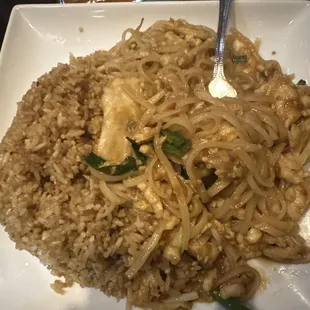Chicken pad thai with chicken fried rice