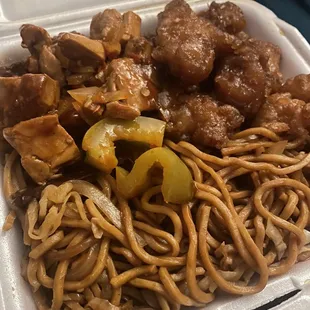 Spicy Chicken (left), General Tsos Chicken (right), Chicken Lo Mein