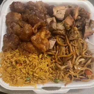 2 Entree 2 Side Meal with Bourbon Chicken, Orange Chicken, Vegetable Fried Rice and Lo Mein