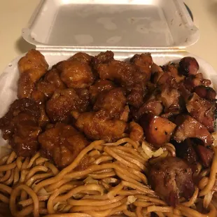 Orange chicken, bourbon chicken, and lo mein