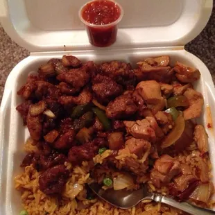 Black pepper chicken, spicy chicken curry and fried rice