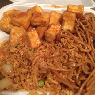 General tso tofu with lo mien and rice