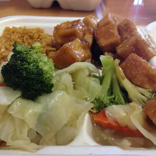 Fried sesame tofu {with rice and steamed veggies}