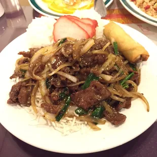 Mongolian Beef meal with an egg roll /// honey walnut shrimp in the back