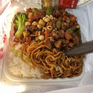 White rice on the left, chow mein on the right, kung pao combination and broccoli beef