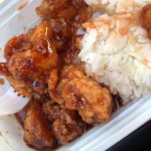 chicken, rice, and sauce in a styrofoam container