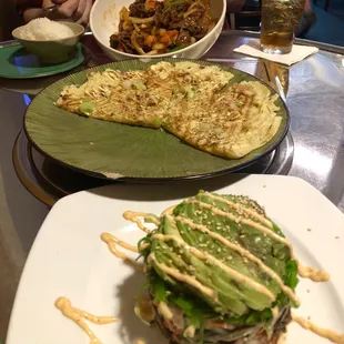 Spicy (Spiny pork...inside joke related to old typo) my husbands fav, Okonomiyaki (Japanese pancake) tasty!And calamari salad (my FAVORITE!)