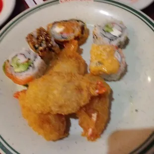 Fried shrimp and sushi.