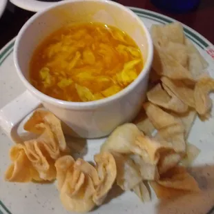 Egg drop soup and wontons.
