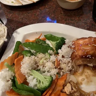 Salmon teriyaki. The teriyaki sauce was decent. The salmon itself was fine if a bit dry. The vegetables seemed frozen or out of a package.