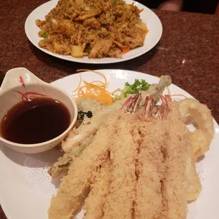 Shrimp and veggies tempura and red curry fried rice