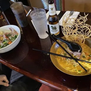Left - BBQ Pork - Wonton Noodle, Right - Koa Soi, Sigha Beer