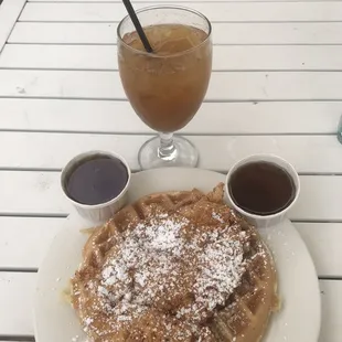 Chicken and waffles and Apple Juice.