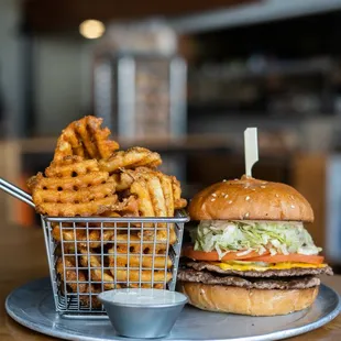 Classic Double Smash Burger with waffle fries