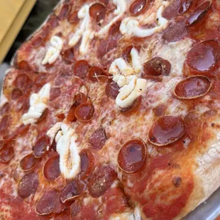Pepperoni, cheese and hot honey pizza. Delish