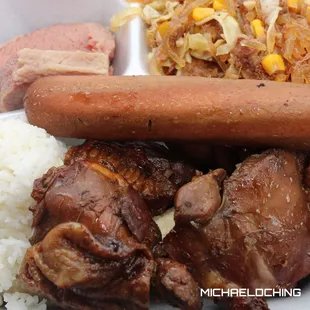 Plate (BBQ Chicken, BBQ Turkey Tail, Brisket, Sausage, Chop Suey, Banana, &amp; Rice) from Kava Cup on Saturday, July 8