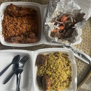 Jollof Rice and Chicken, Fried Rice &amp; Beef, beef Suya