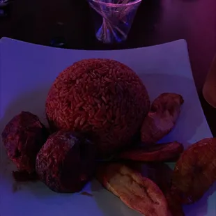 Jollof rice and mackerel with sweet plantains