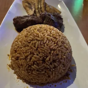 Jollof Rice &amp; Goat Meat with Fried plantain/Side