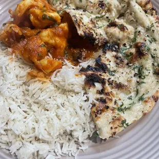 Shrimp curry, rice and garlic Naan.