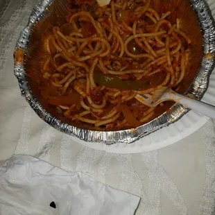 a plate of spaghetti and meat
