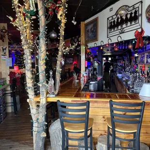 a bar with christmas decorations