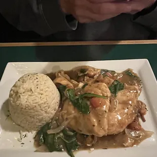 Chicken dish that had a very weird gravy. The BF didn&apos;t care for it or the pilaf. It came highly recommended by the waitress