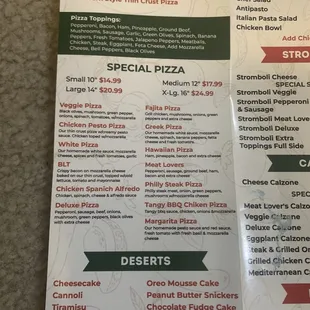 Pizza and desert menu