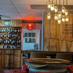 red stools and tables