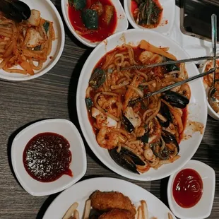 Seafood udon stir fry and crispy fried chicken