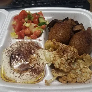 Hummus, kibbie, tomato &amp; cucumber salad,  fried eggplant and cauliflower!