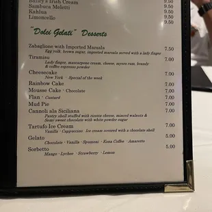 Dessert menu
