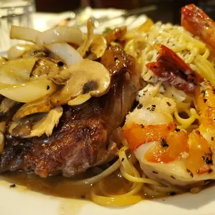 Steak and shrimp linguine