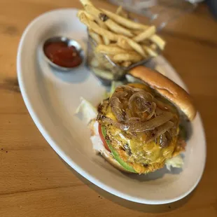 Cheeseburger with caramelized onions on brioche w/fries. Ask for crispy fries if you like yours extra crunchy.