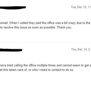 2nd and 3rd emails with no response- 12/10/19 &amp; 12/19/19