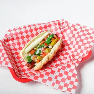 a hot dog in a basket