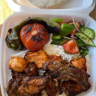 Pork Ribs &amp; Chicken Kebab Plate with Armenian salad, tomato, pepper