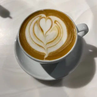 a cup of coffee with a heart drawn in it