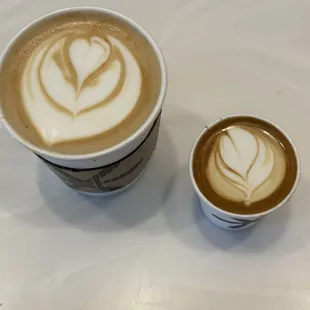 Latte on the left macchiato with homemade almond milk on the right delicious