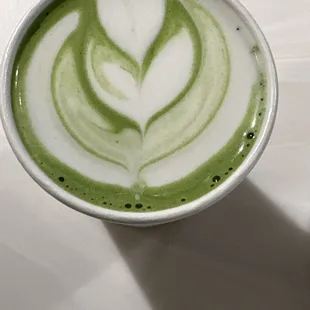 Matcha latte with homemade almond milk amazing presentation, beautiful.