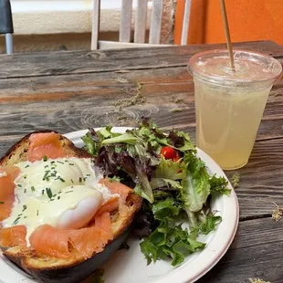 Eggs Benedict with sparkling basil lemonade