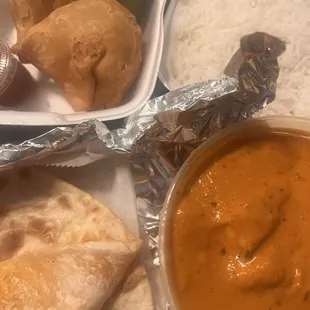 Butter Chicken, cheese naan, vegetable samosa and basmati rice