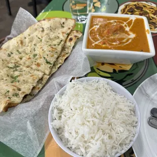 Chicken tikka masala. Garlic naan. Basmati rice.