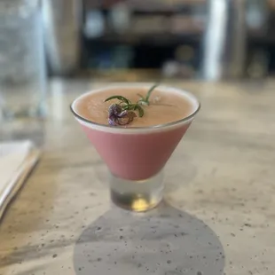 Strawberry Fields... Hendricks based martini with roasted strawberry syrup, lemon and egg white