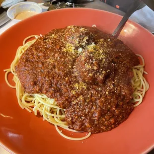 Generous portion of spaghetti &amp; meatballs; comes with salad and bread on special for $11.99. What a deal!