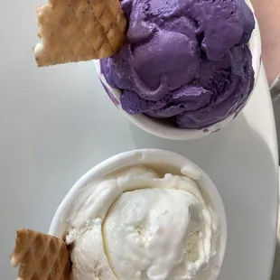 a bowl of ice cream and a waffle