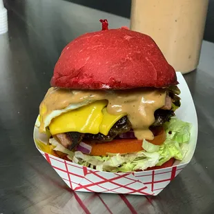 Interstellar slider Angus beef, fried egg, Jersey pork roll, American cheese, lettuce, tomato, and our famous Astro sauce.