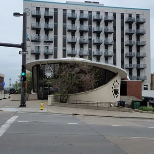 a curved building on a corner
