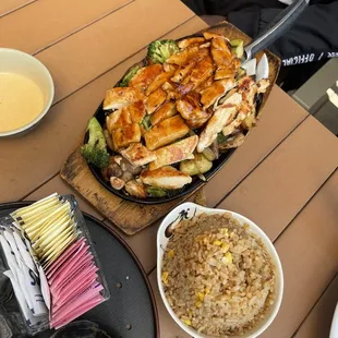 Chicken teriyaki with vegetables and fried rice