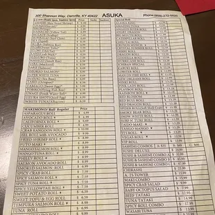 Sushi menu